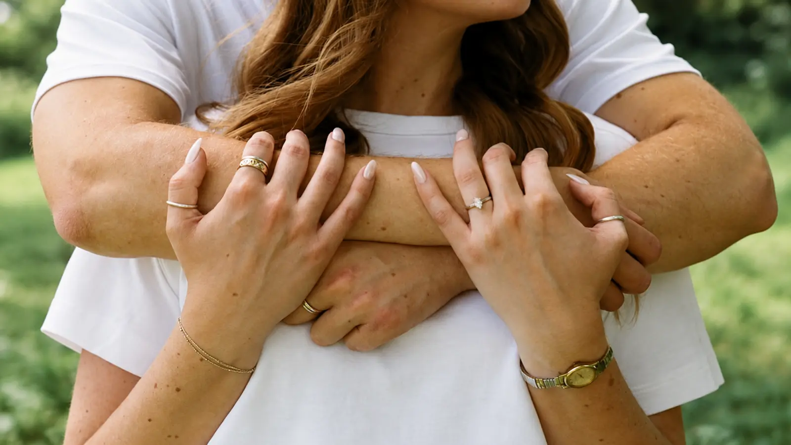 Couple embracing with rings and jewelry visible for an 11th wedding anniversary celebration 11th Wedding Anniversary Gift: Steel Ideas, Meaning and Modern Alternatives