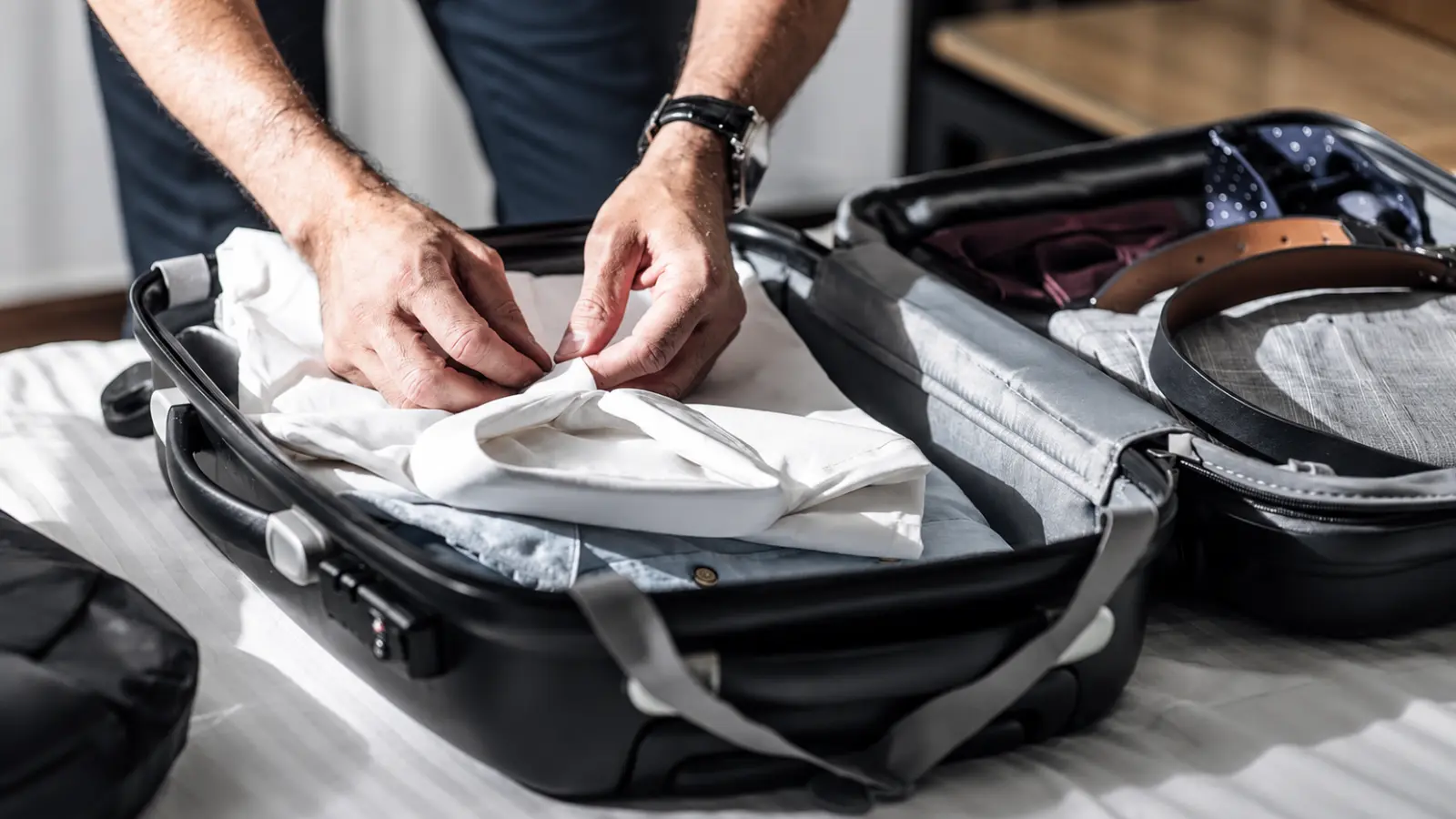 Man packing a suitcase for a trip as a 12th wedding anniversary experience gift idea