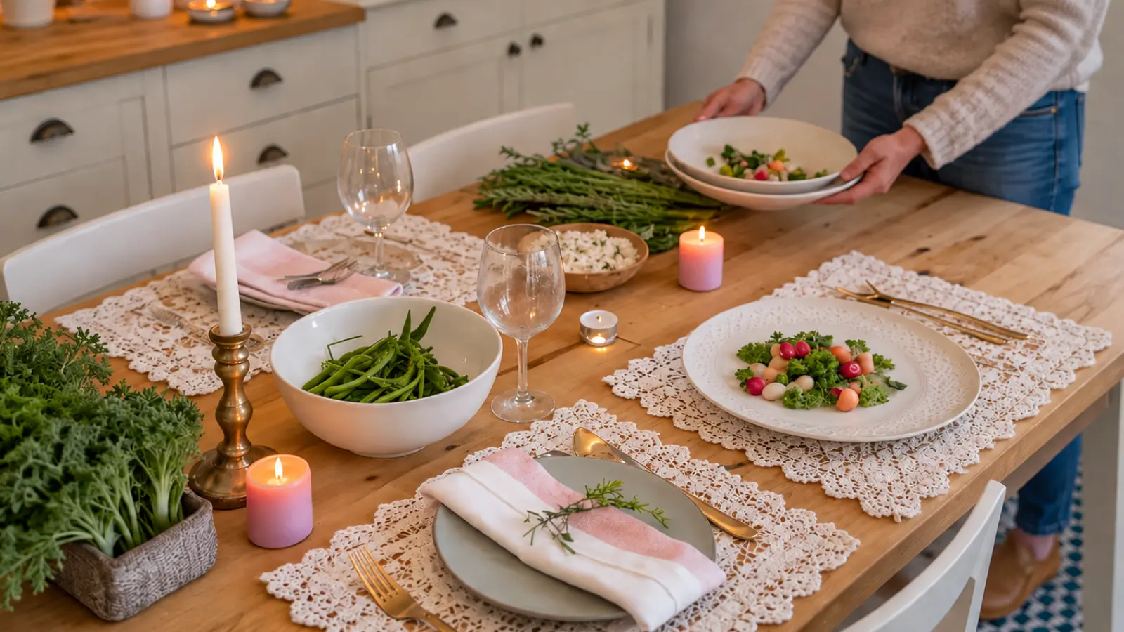 Lace table linens arranged for dinner as a 13th wedding anniversary gift idea