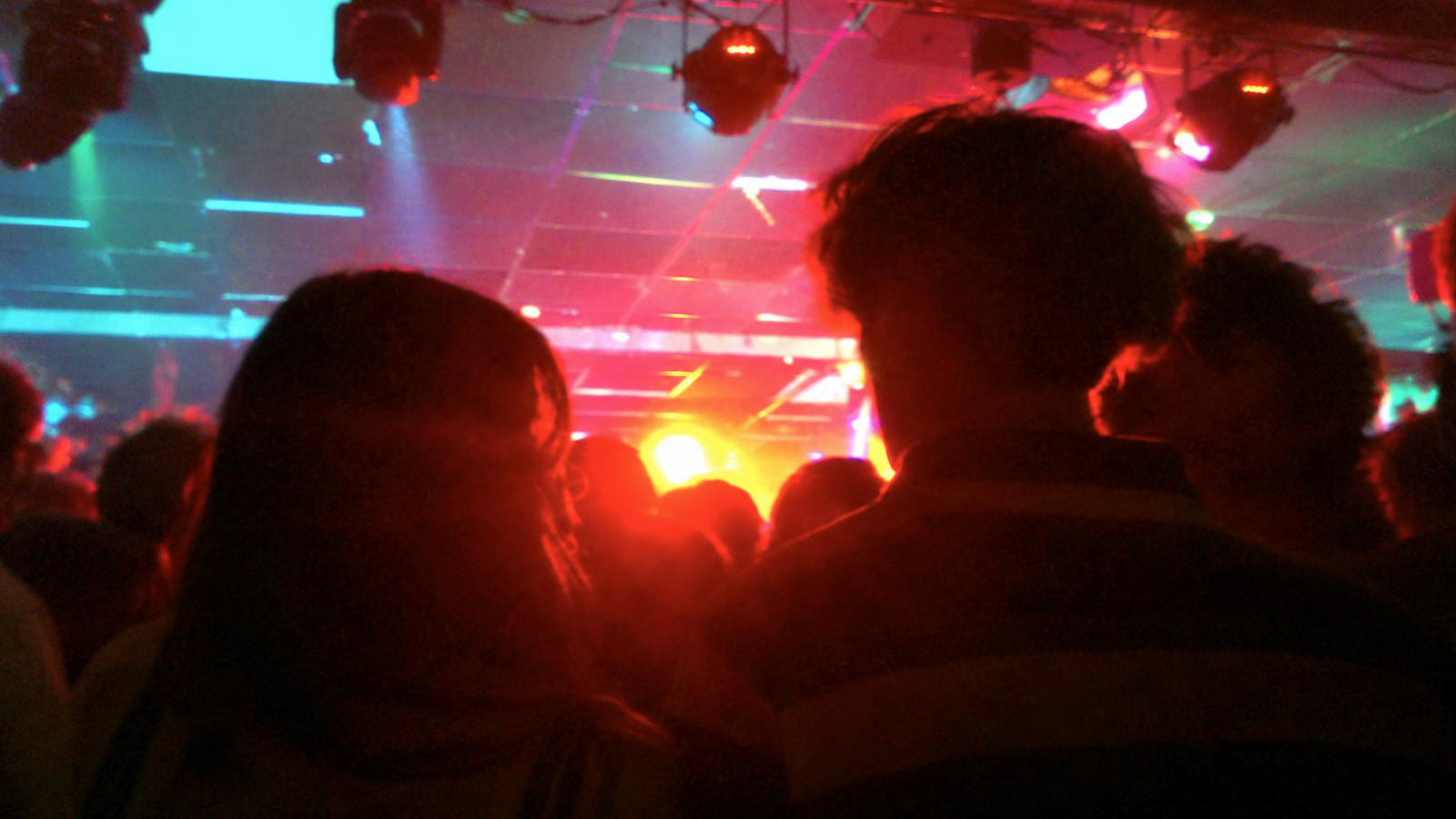 Couple seen from behind enjoying a crowded indoor concert with colorful red, blue and pink stage lighting, illustrating a live music experience as a meaningful 24th wedding anniversary gift